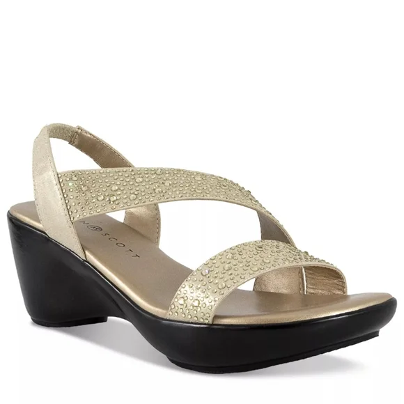 Karen Scott Parney Embellished Slingback Wedge Sandals Gold 7 - Picture 1 of 5